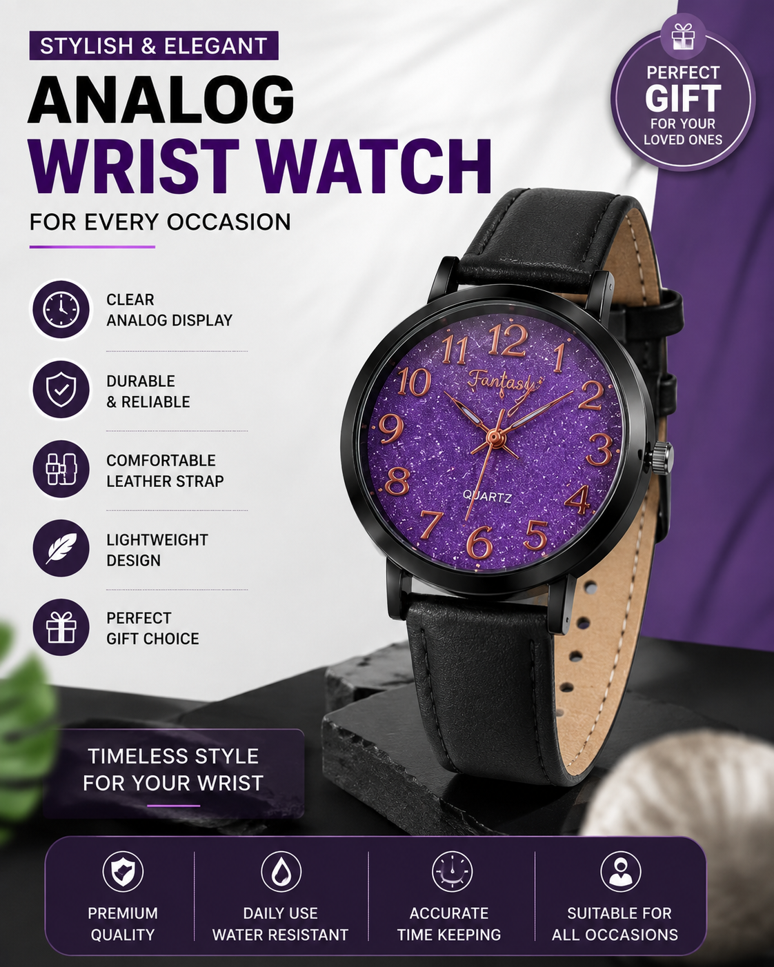 Women's Elegant Analog Wrist Watch  Premium Leather Strap Quartz Watch  Stylish Purple Glitter Dial  Casual & Party Wear Fashion Watch for Women & Girls